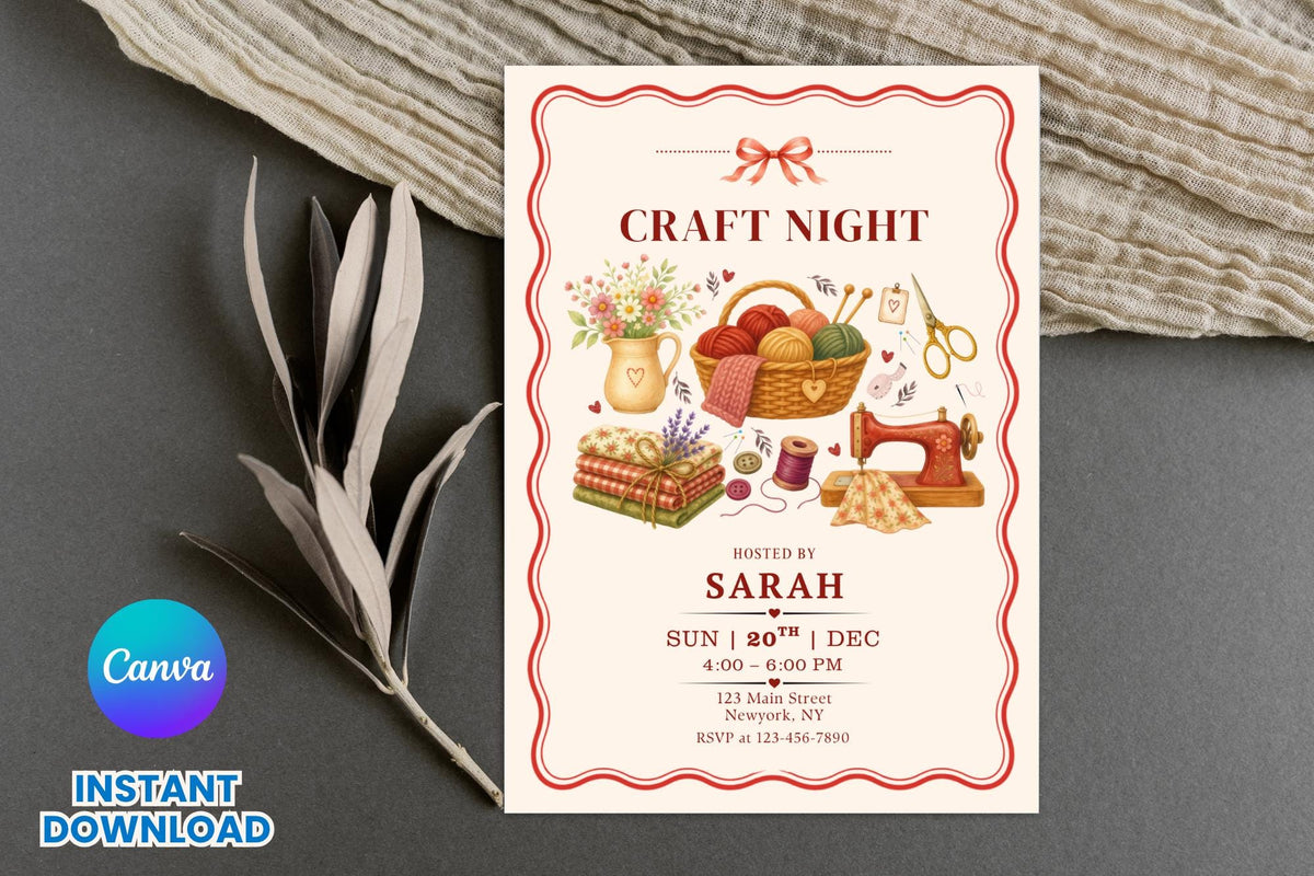 Editable Canva Craft Night Invitation, Vintage Sewing, Knitting, Crochet Party Invite (Digital Download)