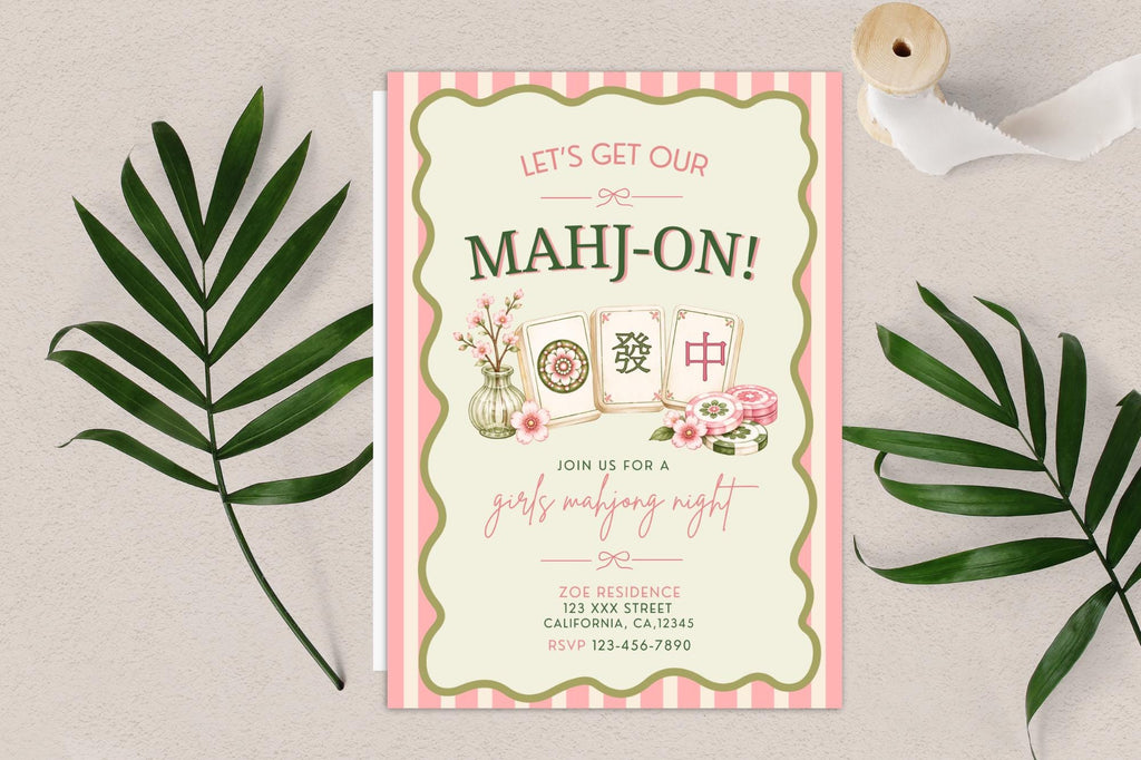 Editable Canva Mahjong Night Invitation, Pink Floral Game Party Invite (Digital Download)