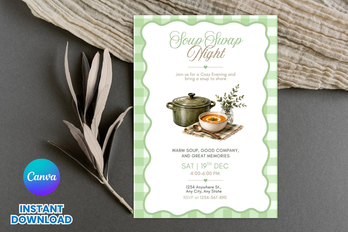 Editable Canva Soup Swap Night Invitation, Cozy Potluck Dinner Invite (Digital Download)