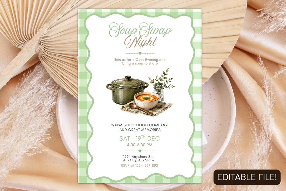 Editable Canva Soup Swap Night Invitation, Cozy Potluck Dinner Invite (Digital Download)