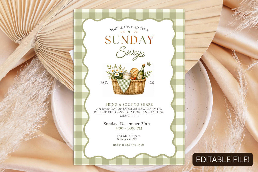 Sunday Soup Swap Invitation Template, Cozy Potluck Dinner Party (Digital Download)