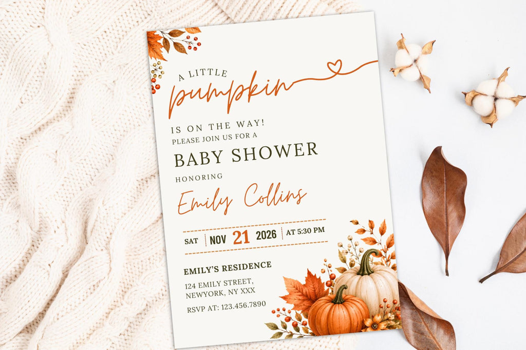 Little Pumpkin Baby Shower Invitation | Fall Autumn Theme (Digital Download)