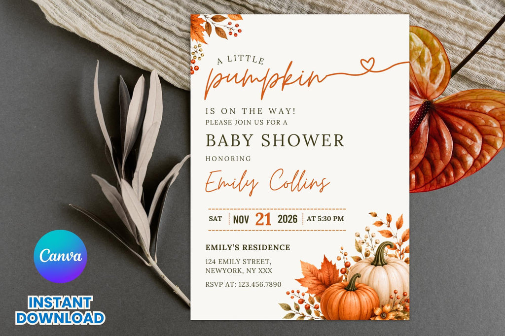 Little Pumpkin Baby Shower Invitation | Fall Autumn Theme (Digital Download)