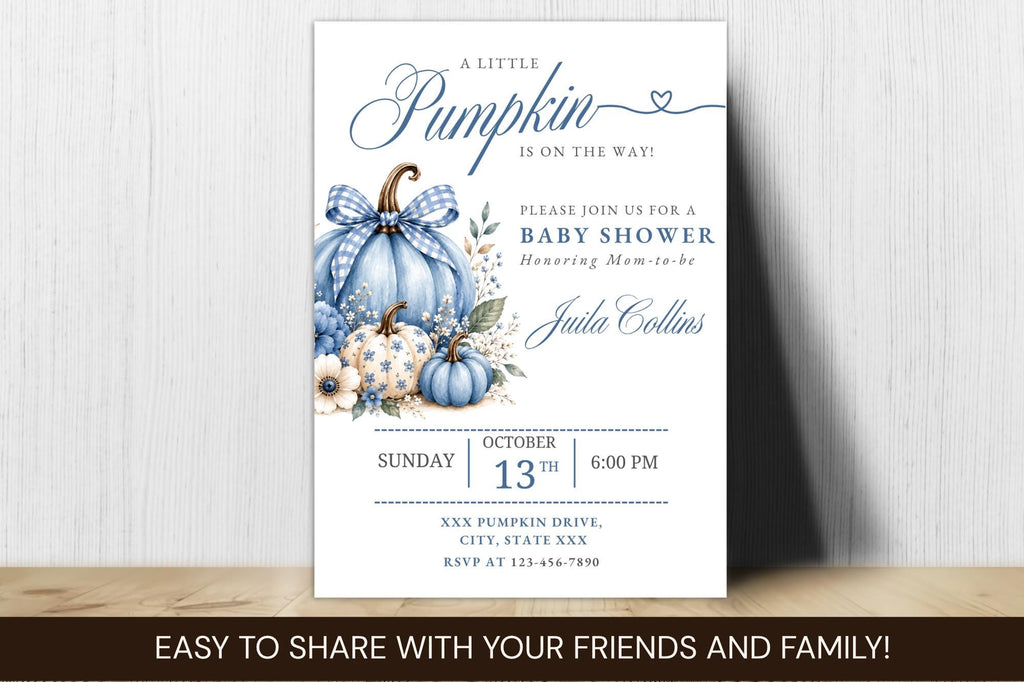Blue Pumpkin Baby Shower Invitation, Fall Baby Boy Template (Digital Download)
