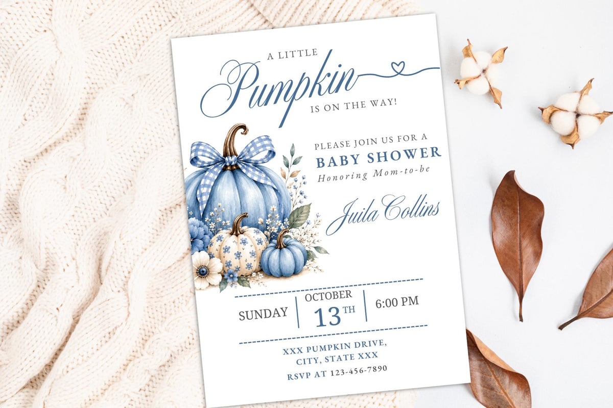Blue Pumpkin Baby Shower Invitation, Fall Baby Boy Template (Digital Download)
