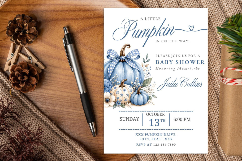 Blue Pumpkin Baby Shower Invitation, Fall Baby Boy Template (Digital Download)
