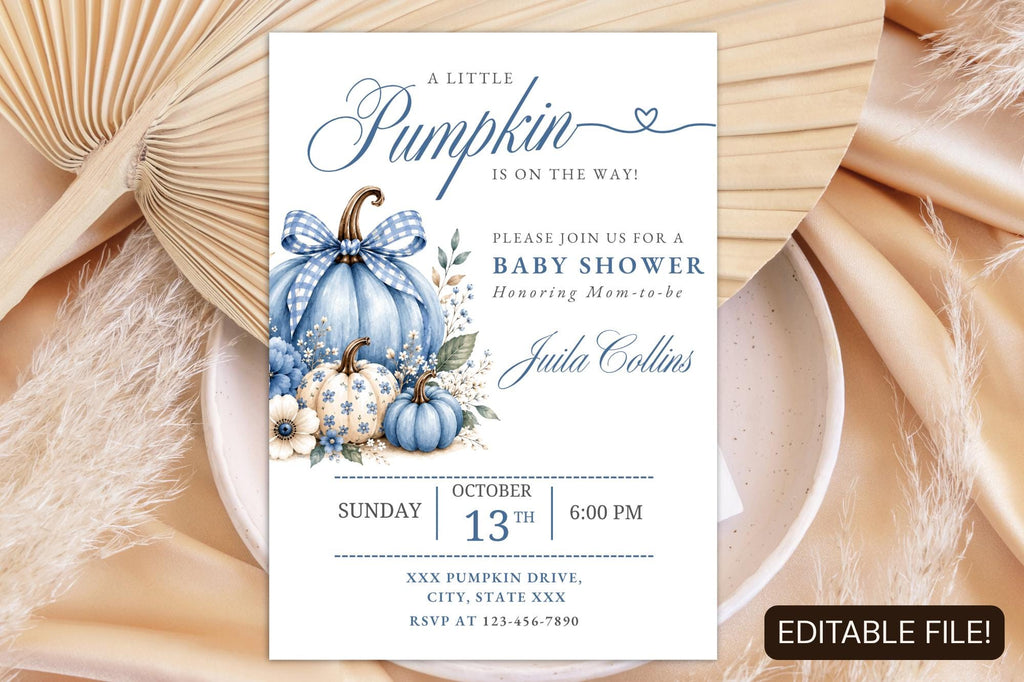 Blue Pumpkin Baby Shower Invitation, Fall Baby Boy Template (Digital Download)
