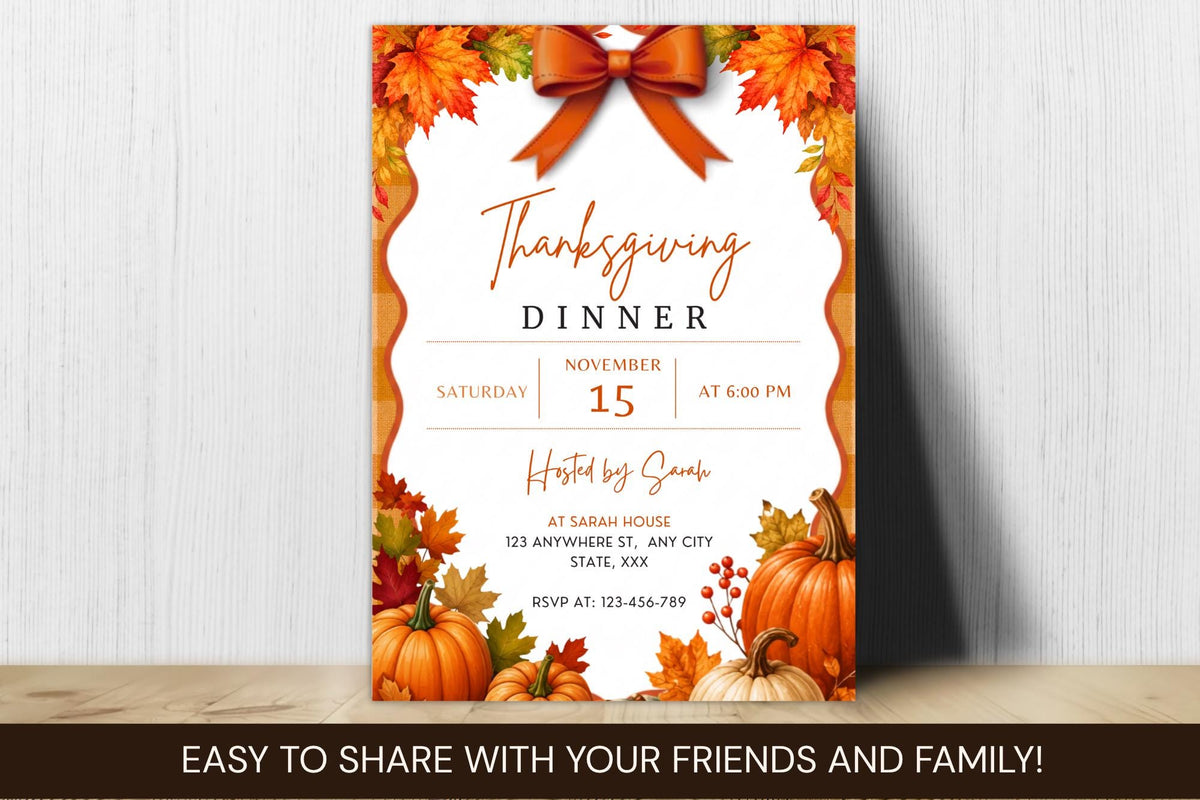 Editable Thanksgiving Dinner Invitation Template, Pumpkin Autumn Party (Digital Download)