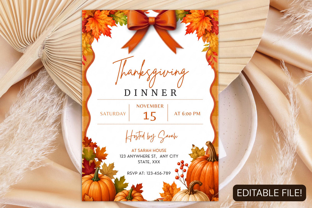 Editable Thanksgiving Dinner Invitation Template, Pumpkin Autumn Party (Digital Download)