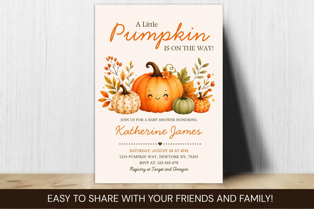 Little Pumpkin Baby Shower Invitation Template, Watercolor Fall Theme (Canva Editable)
