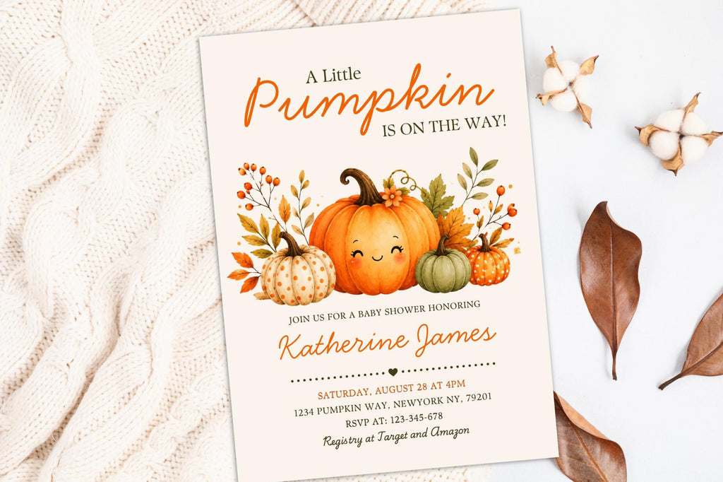 Little Pumpkin Baby Shower Invitation Template, Watercolor Fall Theme (Canva Editable)