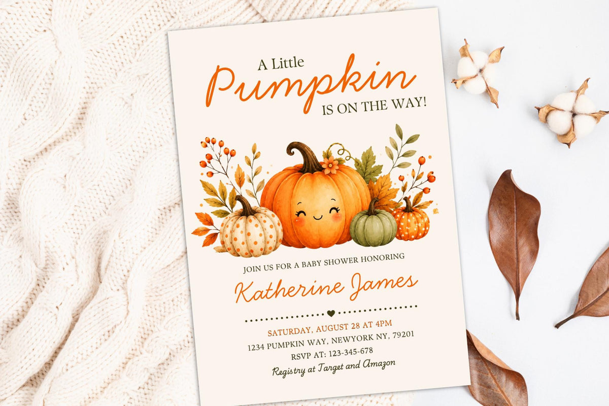 Little Pumpkin Baby Shower Invitation Template, Watercolor Fall Theme (Canva Editable)