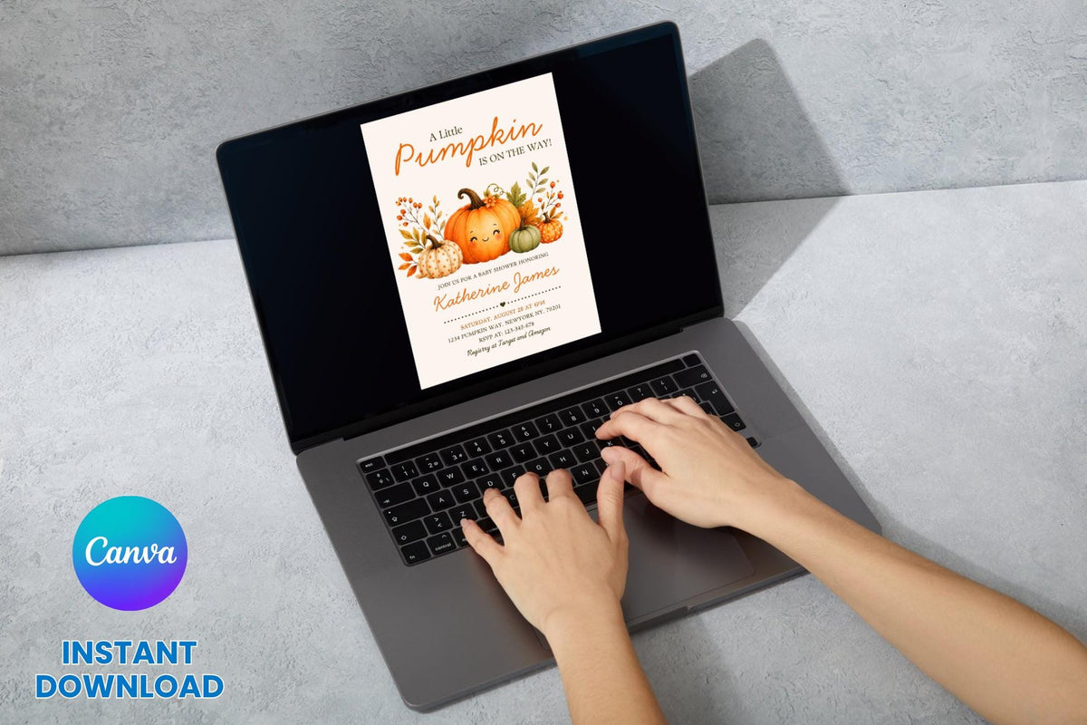 Little Pumpkin Baby Shower Invitation Template, Watercolor Fall Theme (Canva Editable)