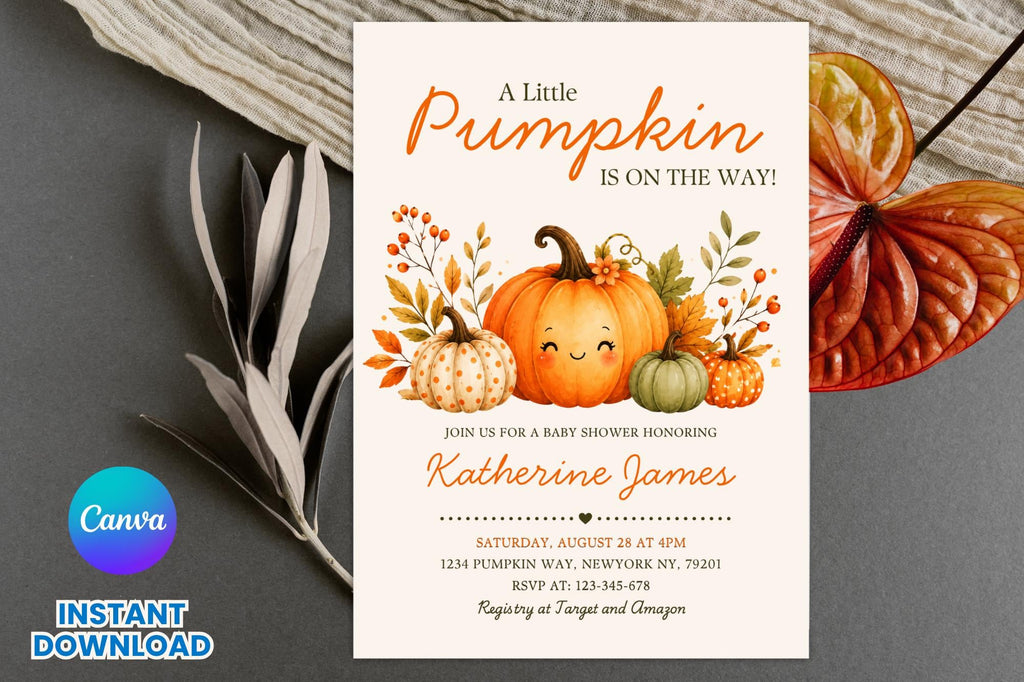 Little Pumpkin Baby Shower Invitation Template, Watercolor Fall Theme (Canva Editable)