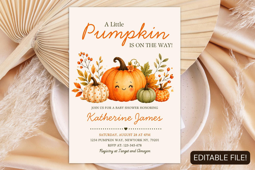 Little Pumpkin Baby Shower Invitation Template, Watercolor Fall Theme (Canva Editable)