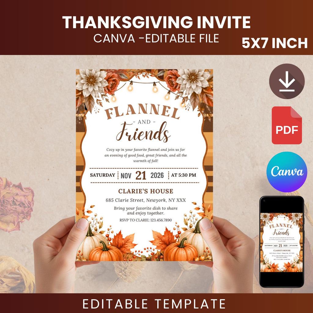 Flannel and Friends Fall Invitation Template, Autumn Potluck, Thanksgiving (Digital Download)