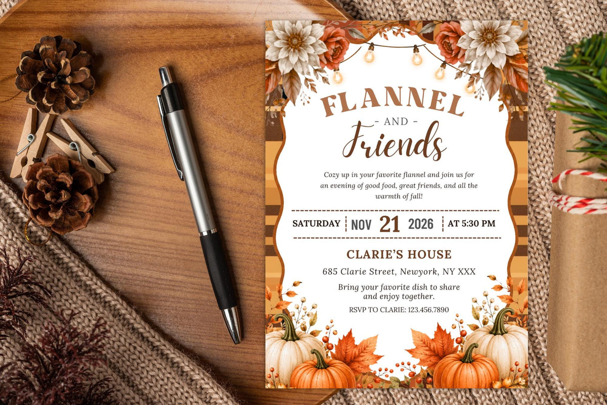 Flannel and Friends Fall Invitation Template, Autumn Potluck, Thanksgiving (Digital Download)