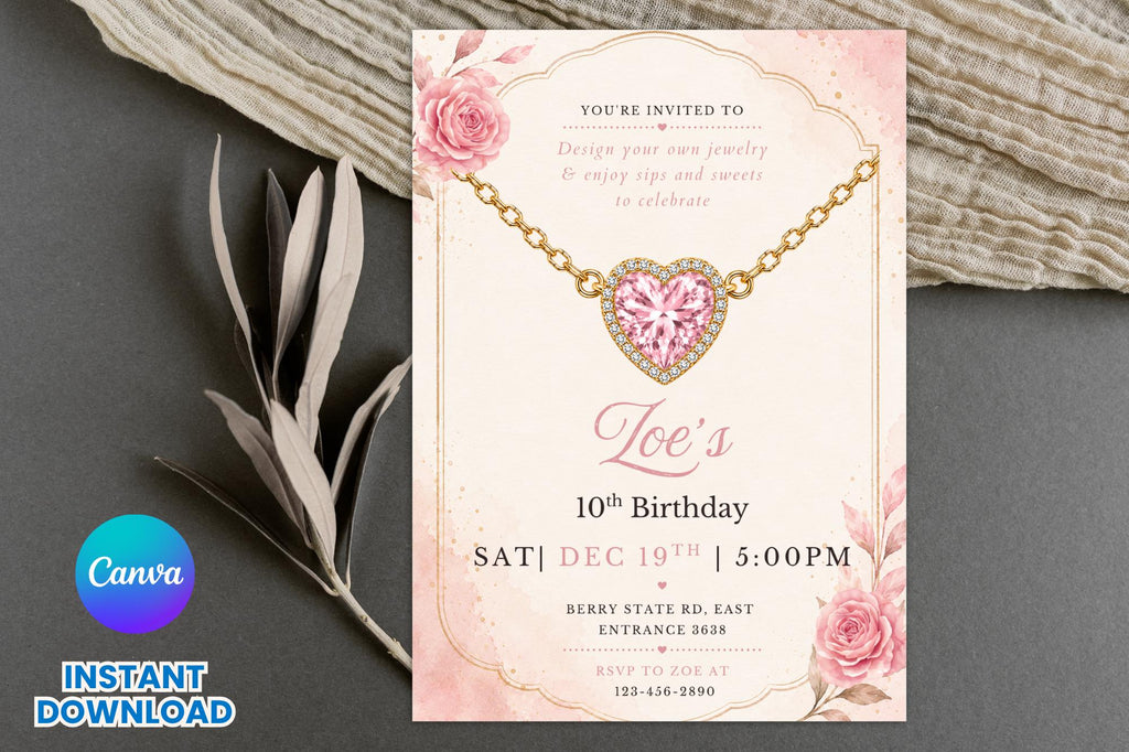 Editable Jewelry Making Birthday Invitation, Pink Heart Necklace Party Invite (Digital Download)