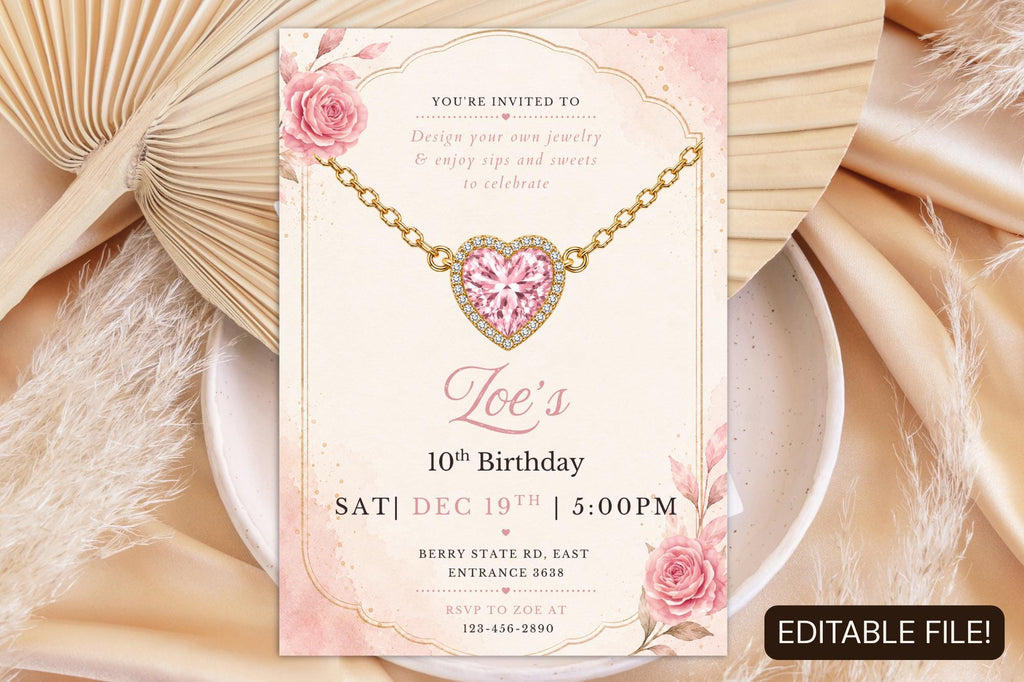 Editable Jewelry Making Birthday Invitation, Pink Heart Necklace Party Invite (Digital Download)