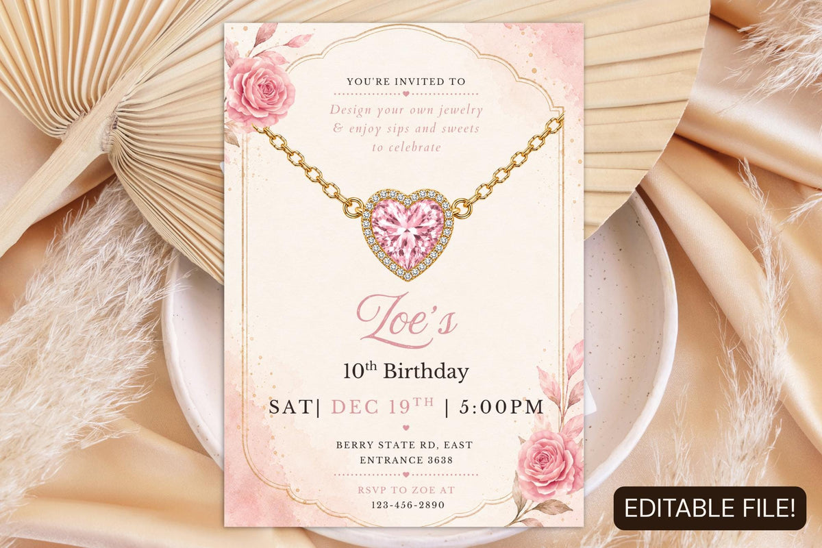 Editable Jewelry Making Birthday Invitation, Pink Heart Necklace Party Invite (Digital Download)