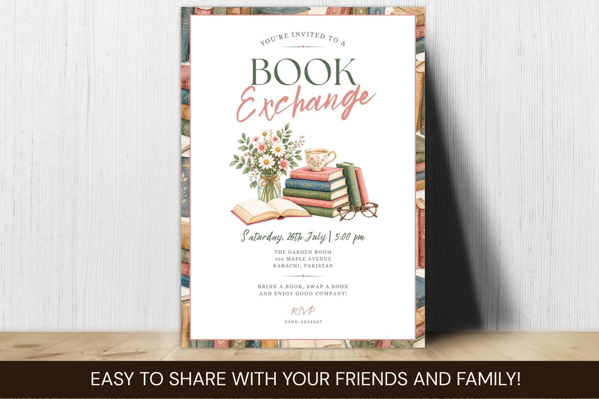 Editable Book Exchange Invitation Template, Vintage Floral Book Club Party Invite (Digital File)