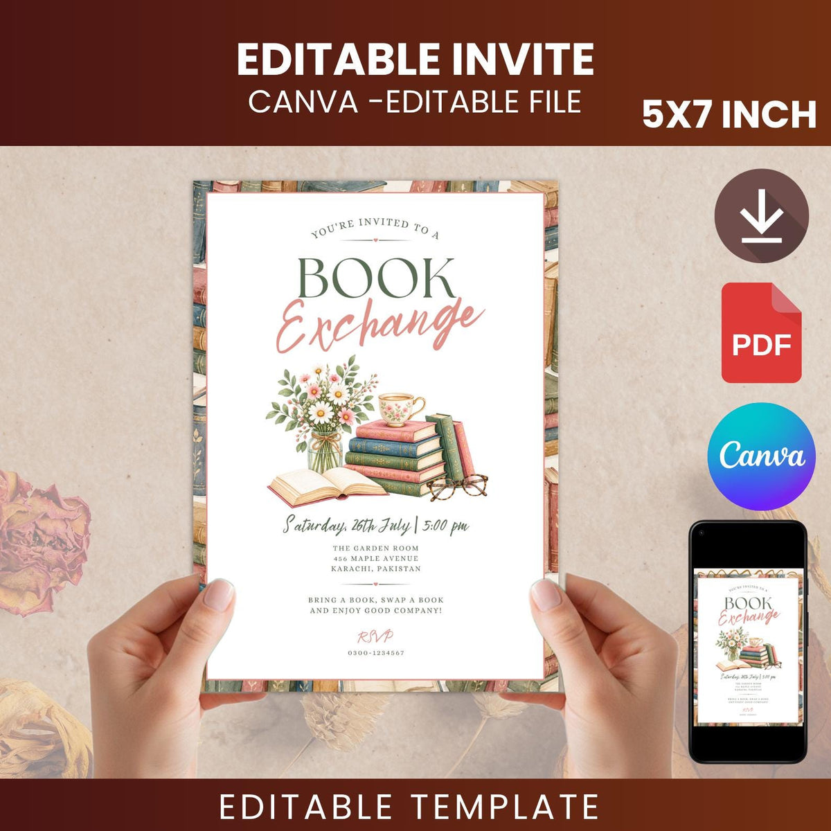 Editable Book Exchange Invitation Template, Vintage Floral Book Club Party Invite (Digital File)