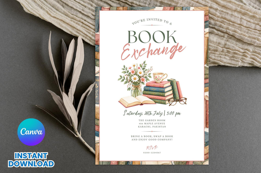 Editable Book Exchange Invitation Template, Vintage Floral Book Club Party Invite (Digital File)