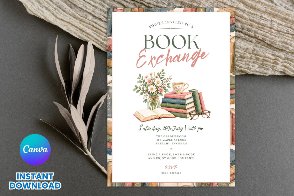 Editable Book Exchange Invitation Template, Vintage Floral Book Club Party Invite (Digital File)