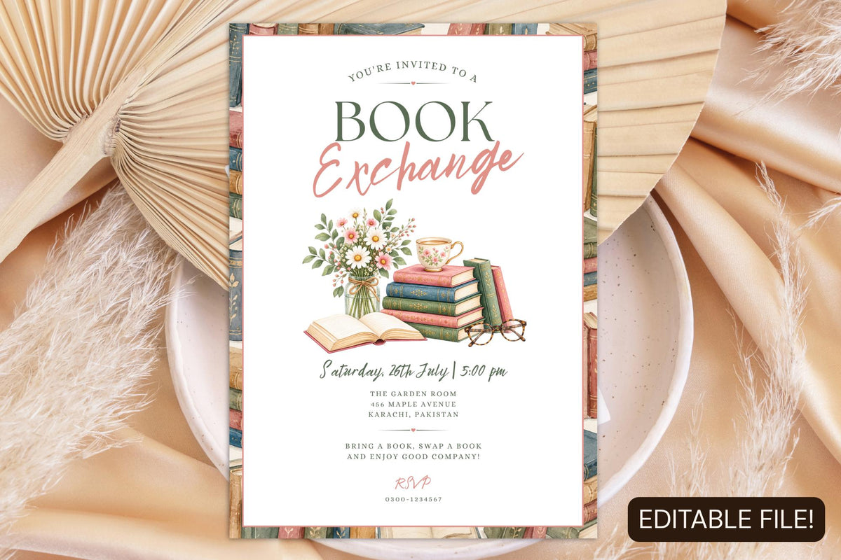 Editable Book Exchange Invitation Template, Vintage Floral Book Club Party Invite (Digital File)