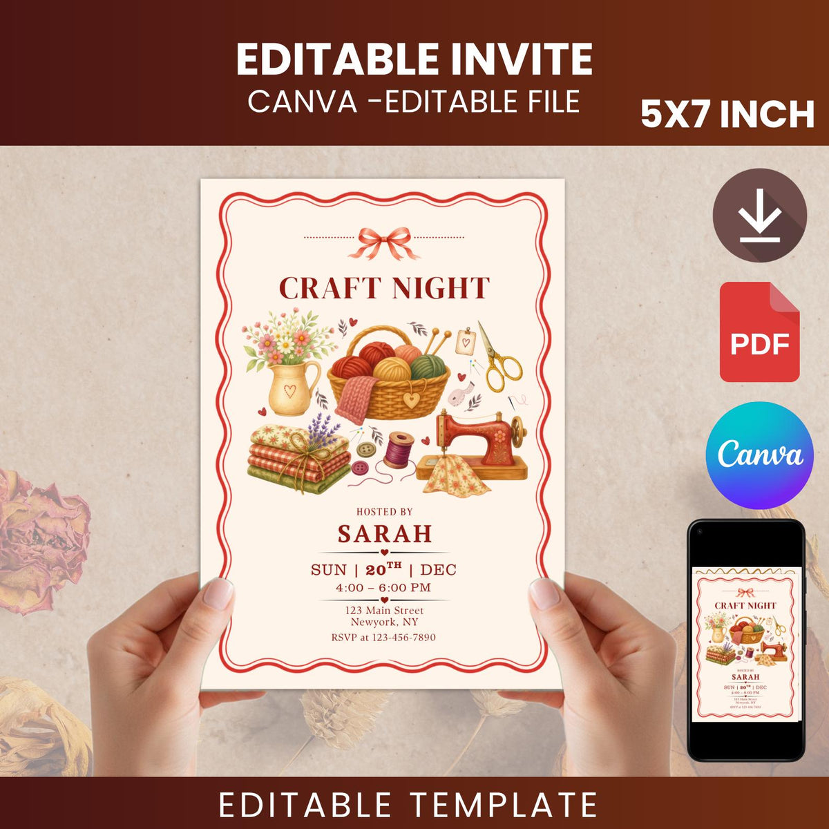 Editable Canva Craft Night Invitation, Vintage Sewing, Knitting, Crochet Party Invite (Digital Download)
