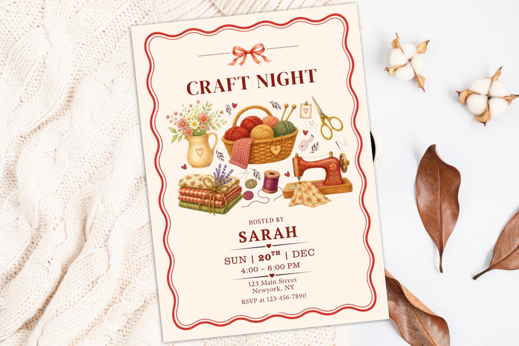 Editable Canva Craft Night Invitation, Vintage Sewing, Knitting, Crochet Party Invite (Digital Download)