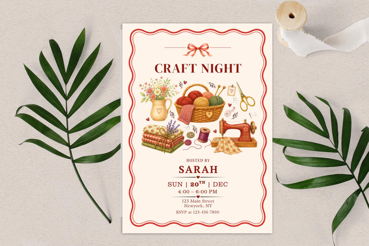 Editable Canva Craft Night Invitation, Vintage Sewing, Knitting, Crochet Party Invite (Digital Download)