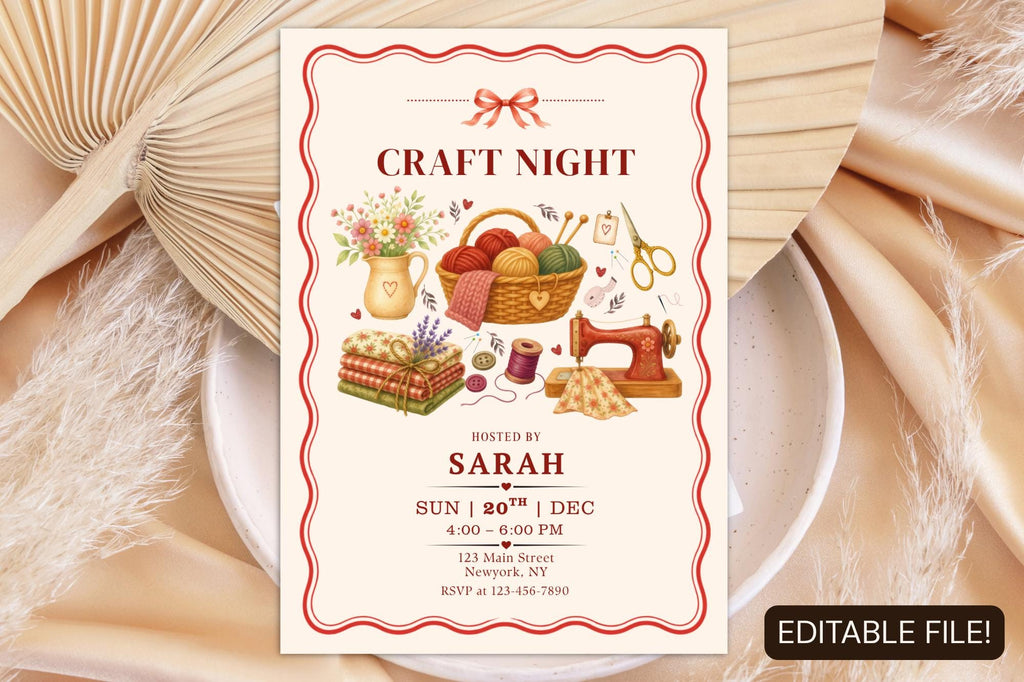 Editable Canva Craft Night Invitation, Vintage Sewing, Knitting, Crochet Party Invite (Digital Download)