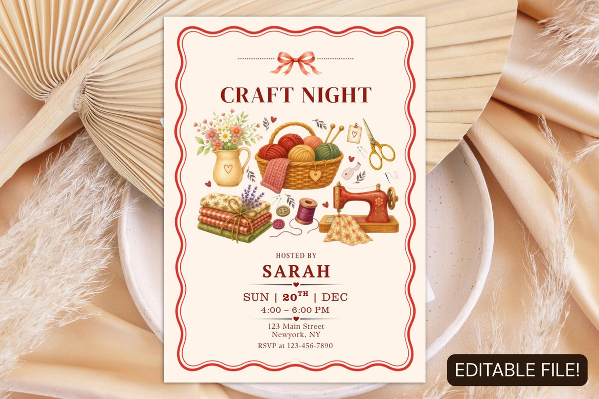 Editable Canva Craft Night Invitation, Vintage Sewing, Knitting, Crochet Party Invite (Digital Download)
