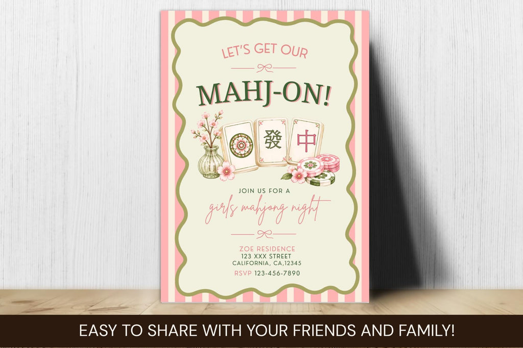 Editable Canva Mahjong Night Invitation, Pink Floral Game Party Invite (Digital Download)