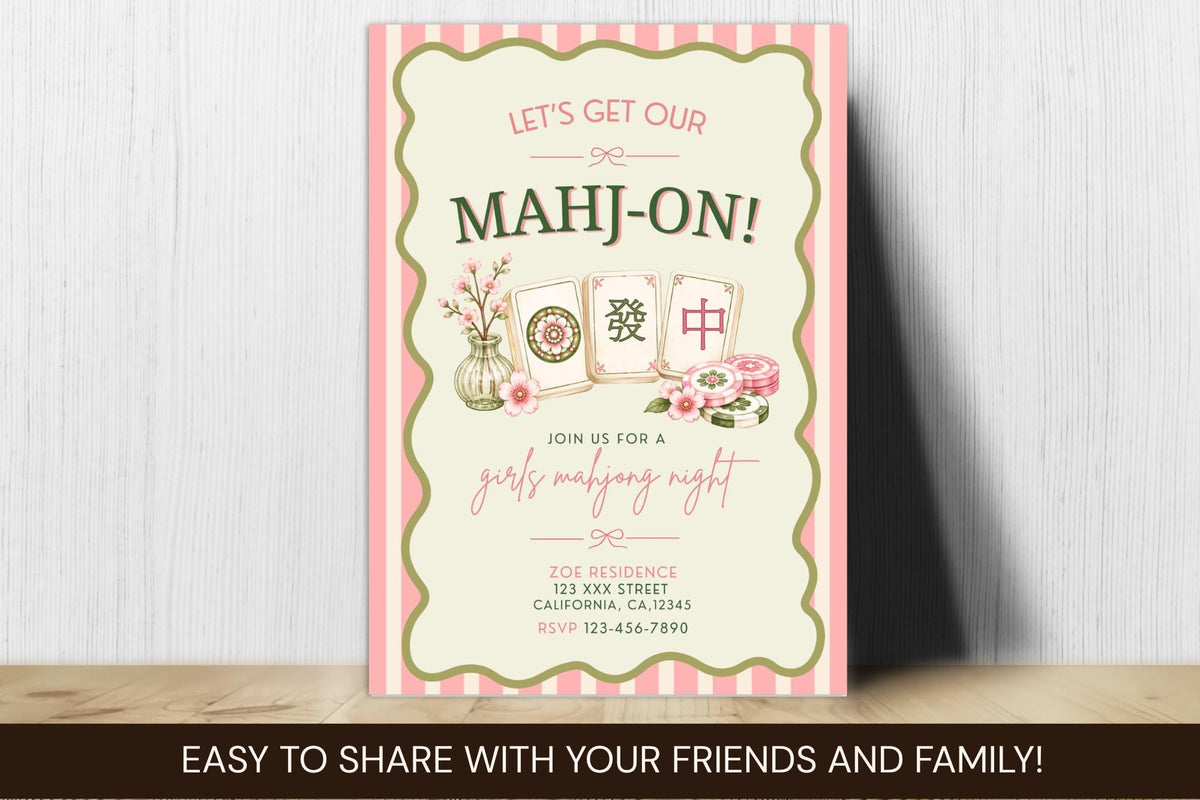 Editable Canva Mahjong Night Invitation, Pink Floral Game Party Invite (Digital Download)