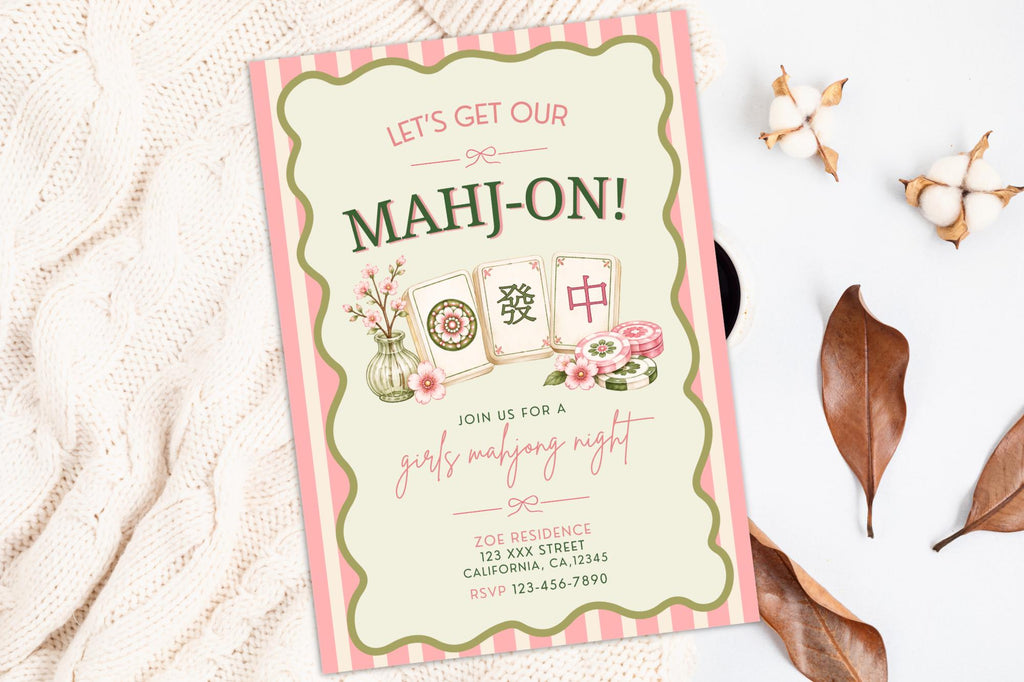 Editable Canva Mahjong Night Invitation, Pink Floral Game Party Invite (Digital Download)