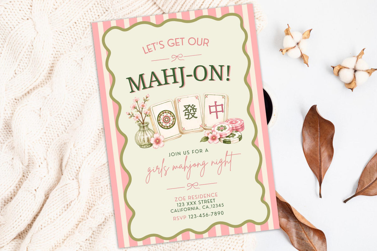 Editable Canva Mahjong Night Invitation, Pink Floral Game Party Invite (Digital Download)