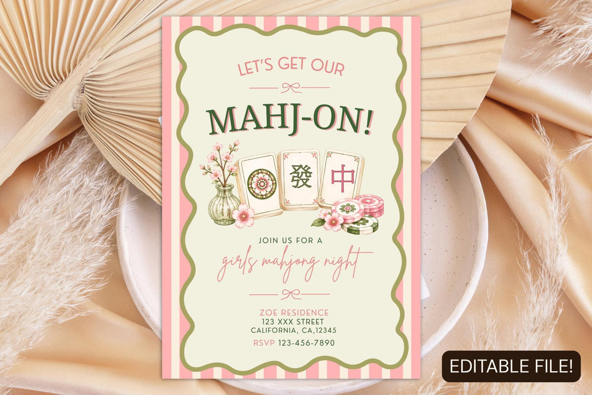 Editable Canva Mahjong Night Invitation, Pink Floral Game Party Invite (Digital Download)