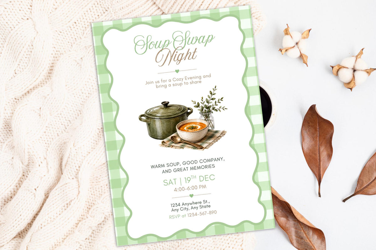 Editable Canva Soup Swap Night Invitation, Cozy Potluck Dinner Invite (Digital Download)