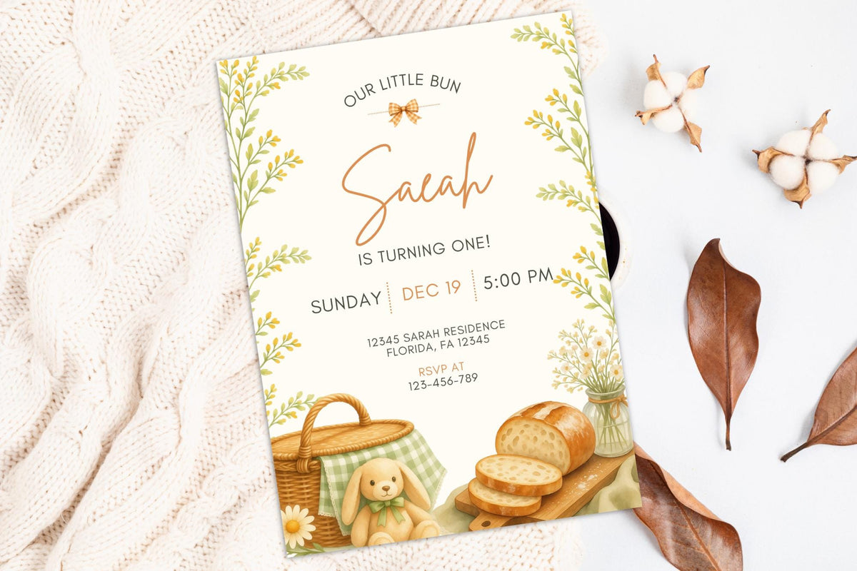 Little Bun First Birthday Invitation, Editable Canva Template, Bread Theme (Digital Download)