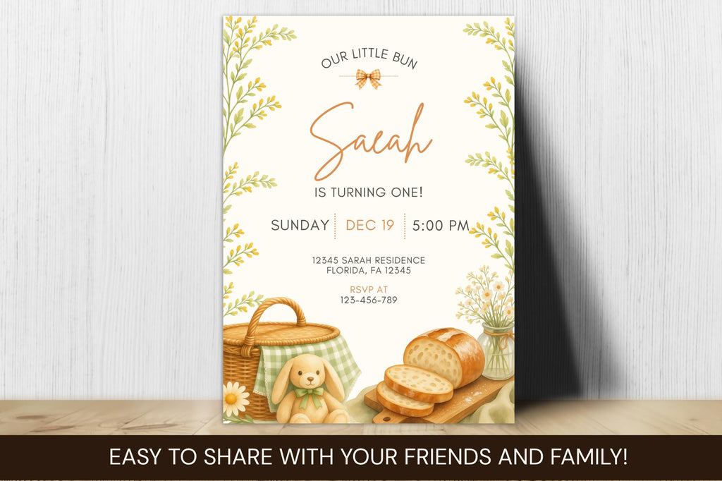 Little Bun First Birthday Invitation, Editable Canva Template, Bread Theme (Digital Download)