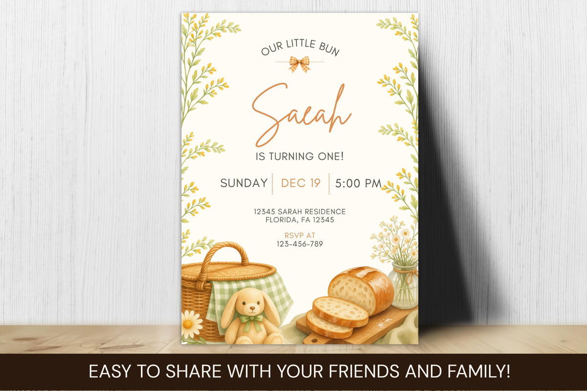 Little Bun First Birthday Invitation, Editable Canva Template, Bread Theme (Digital Download)