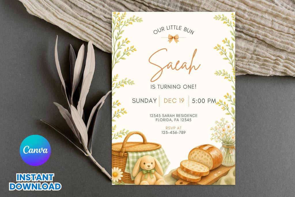 Little Bun First Birthday Invitation, Editable Canva Template, Bread Theme (Digital Download)
