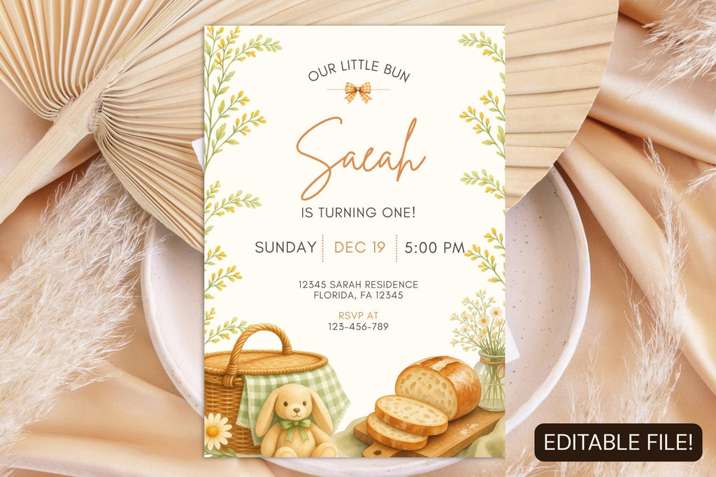 Little Bun First Birthday Invitation, Editable Canva Template, Bread Theme (Digital Download)