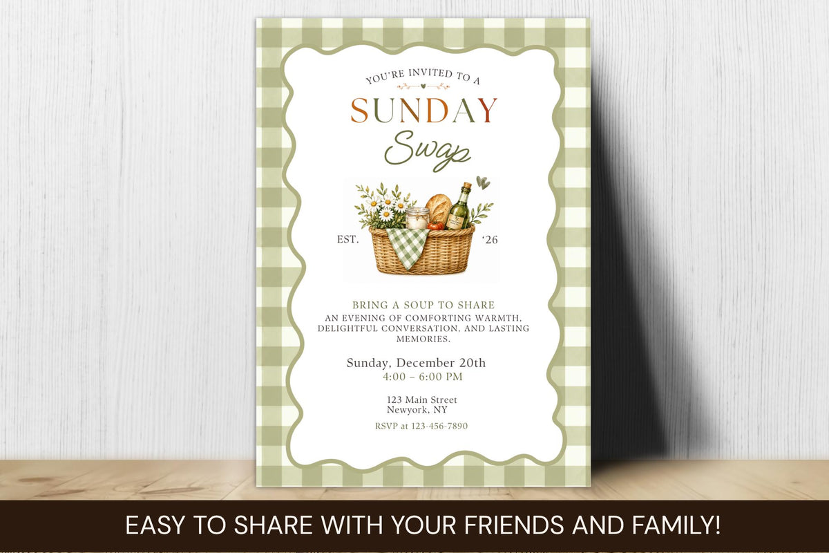 Sunday Soup Swap Invitation Template, Cozy Potluck Dinner Party (Digital Download)