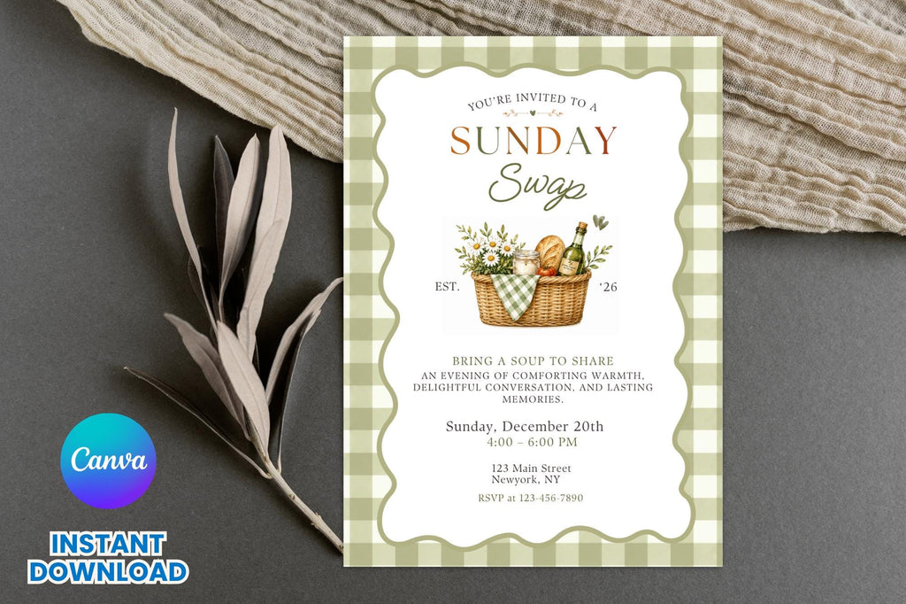 Sunday Soup Swap Invitation Template, Cozy Potluck Dinner Party (Digital Download)