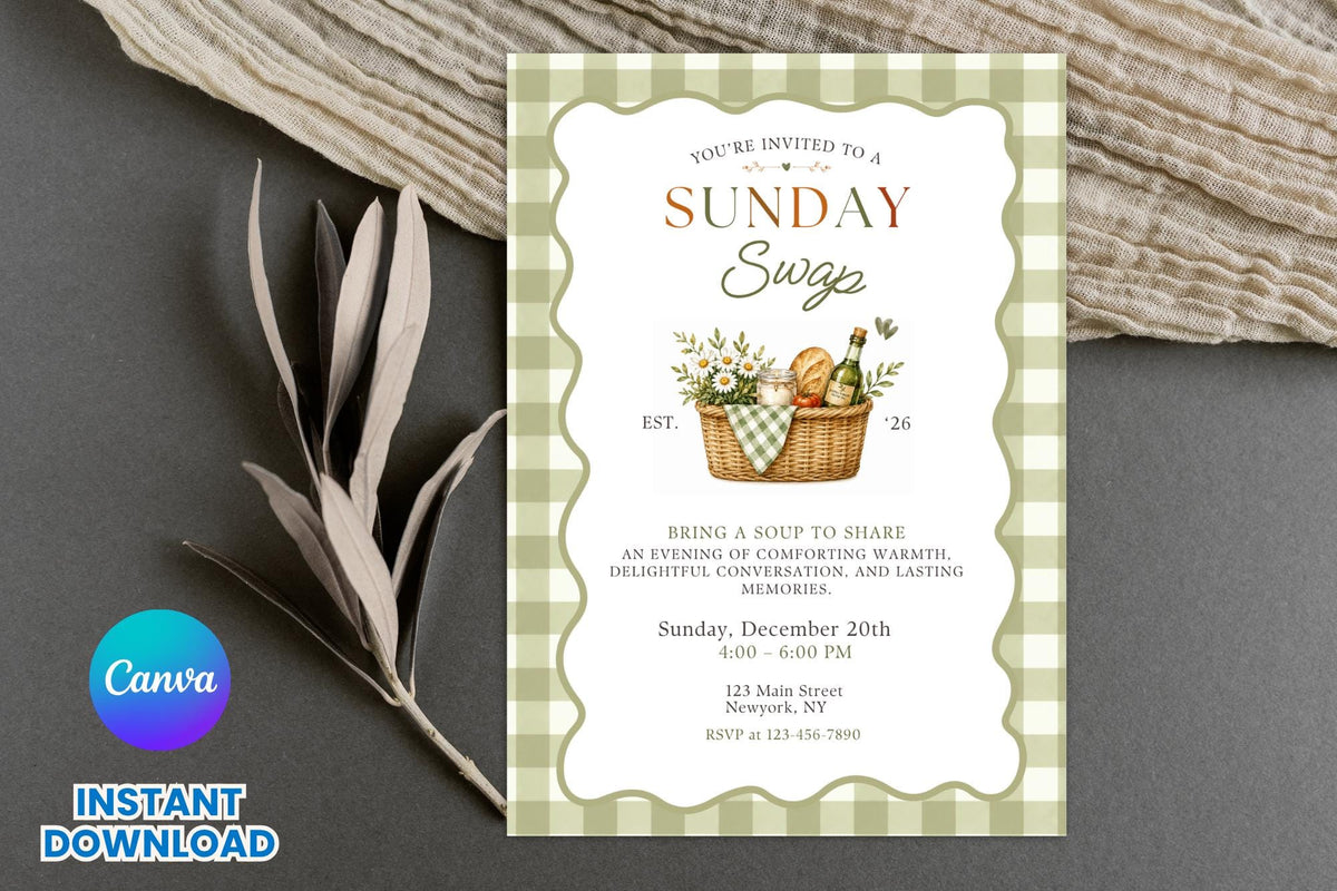 Sunday Soup Swap Invitation Template, Cozy Potluck Dinner Party (Digital Download)