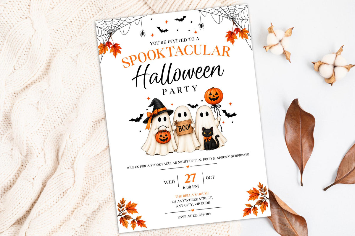 Editable Canva Halloween Party Invitation, Ghost Pumpkin Witch Cat Template (Digital Download)