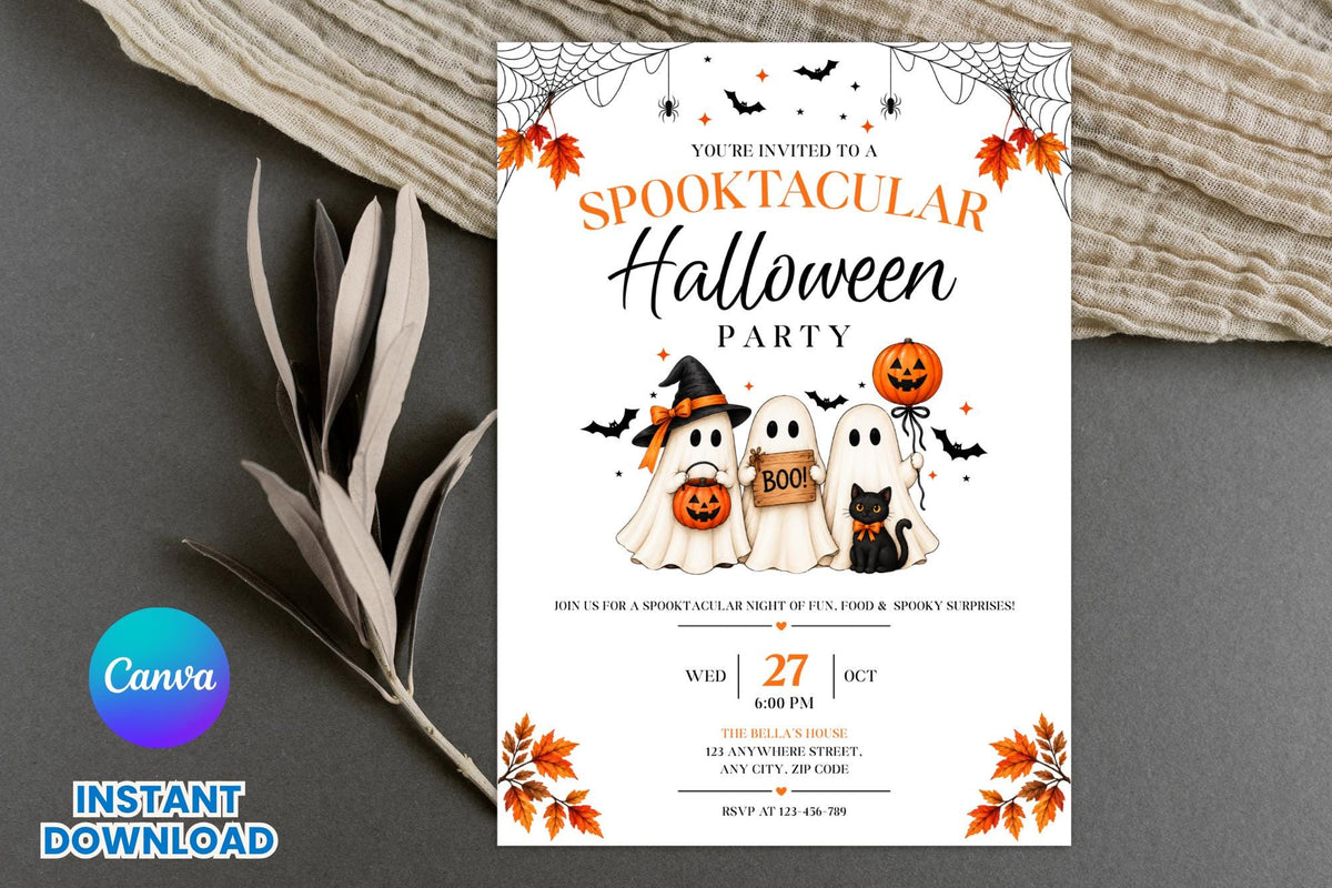 Editable Canva Halloween Party Invitation, Ghost Pumpkin Witch Cat Template (Digital Download)